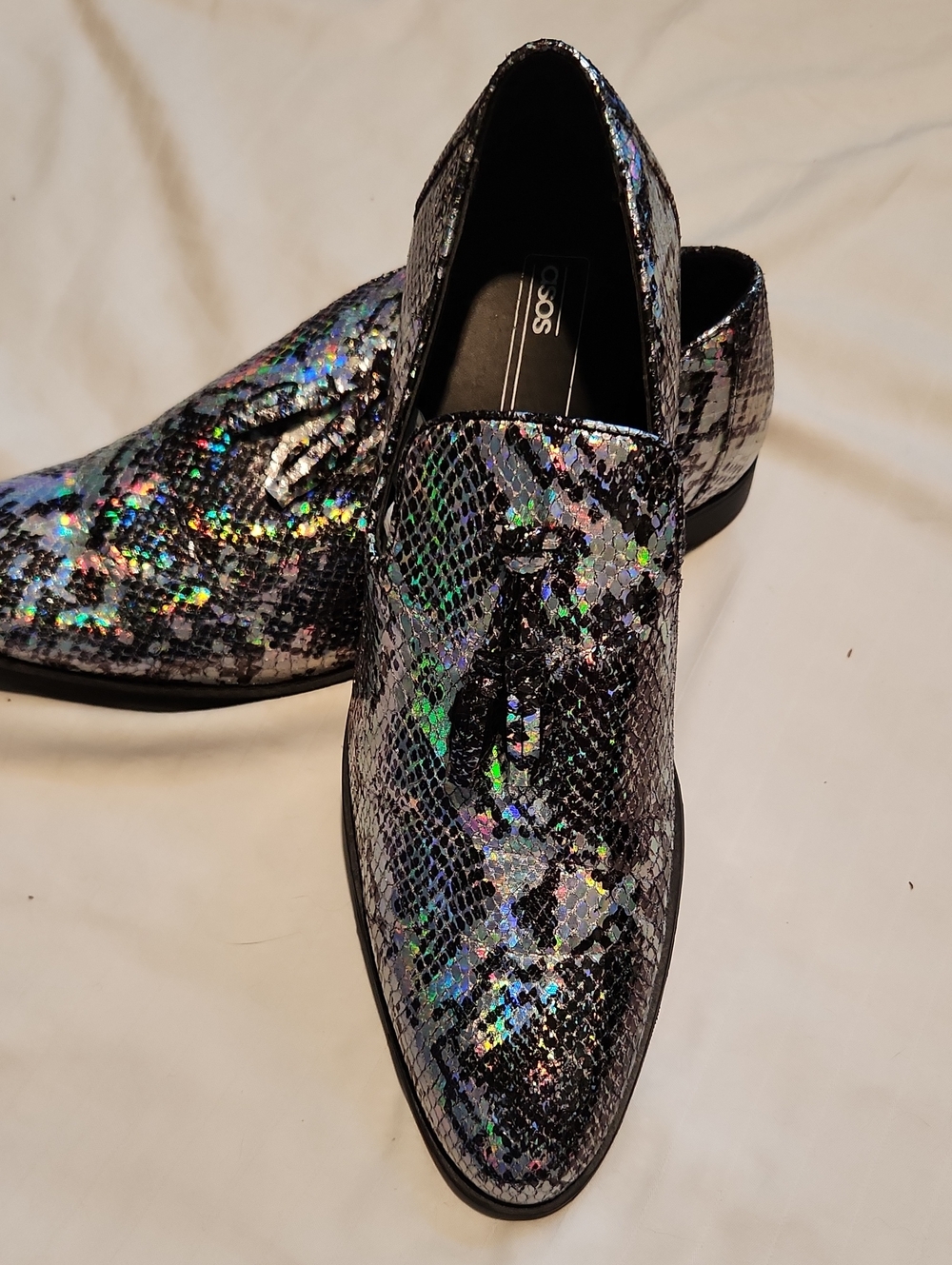 ASOS Men’s Holographic Snake-Print Slip-On Dress Shoes - Silver/Black Sz11🔥